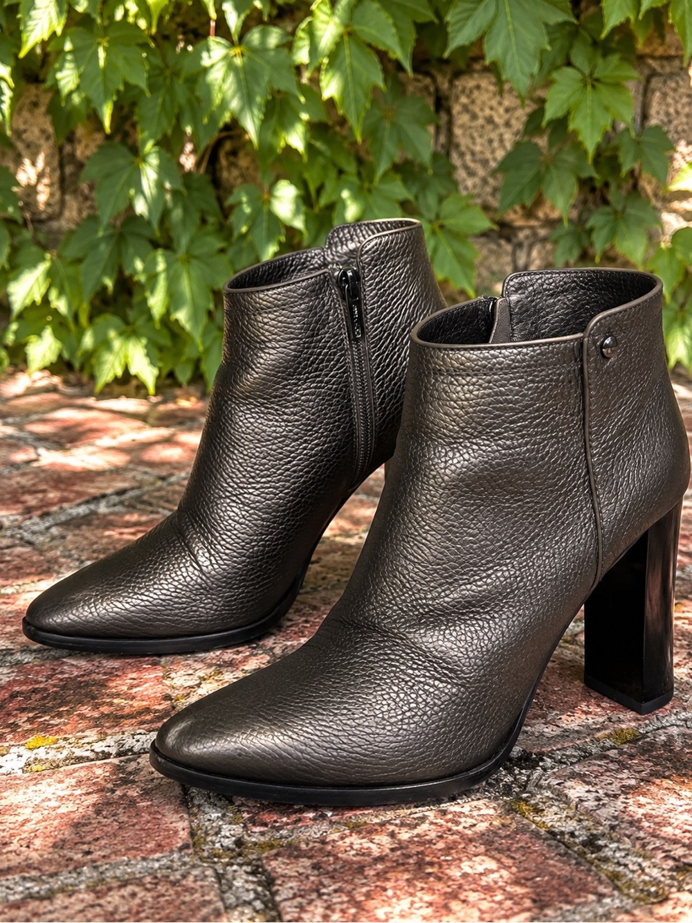 JIMMY CHOO Metallic Bronze Pebbled Leather Italian Made Luxury Ankle Boots, 37